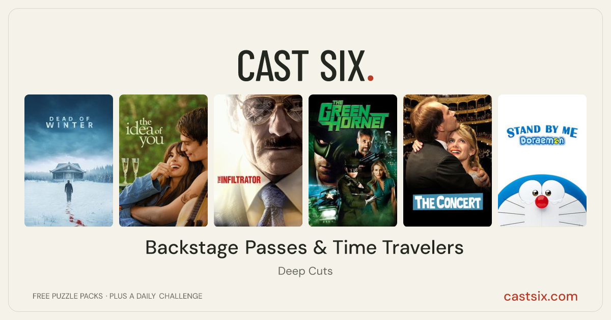 Backstage Passes & Time Travelers: a Cast Six movie puzzle. Six movie posters in a row: Dead of Winter, The Idea of You, The Infiltrator, The Green Hornet, The Concert, Stand by Me Doraemon. Six movies, six categories, three checks. Free to play at castsix.com.