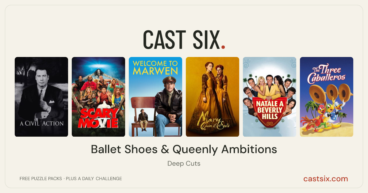 Ballet Shoes & Queenly Ambitions: a Cast Six movie puzzle. Six movie posters in a row: A Civil Action, Scary Movie 5, Welcome to Marwen, Mary Queen of Scots, Natale a Beverly Hills, The Three Caballeros. Six movies, six categories, three checks. Free to play at castsix.com.