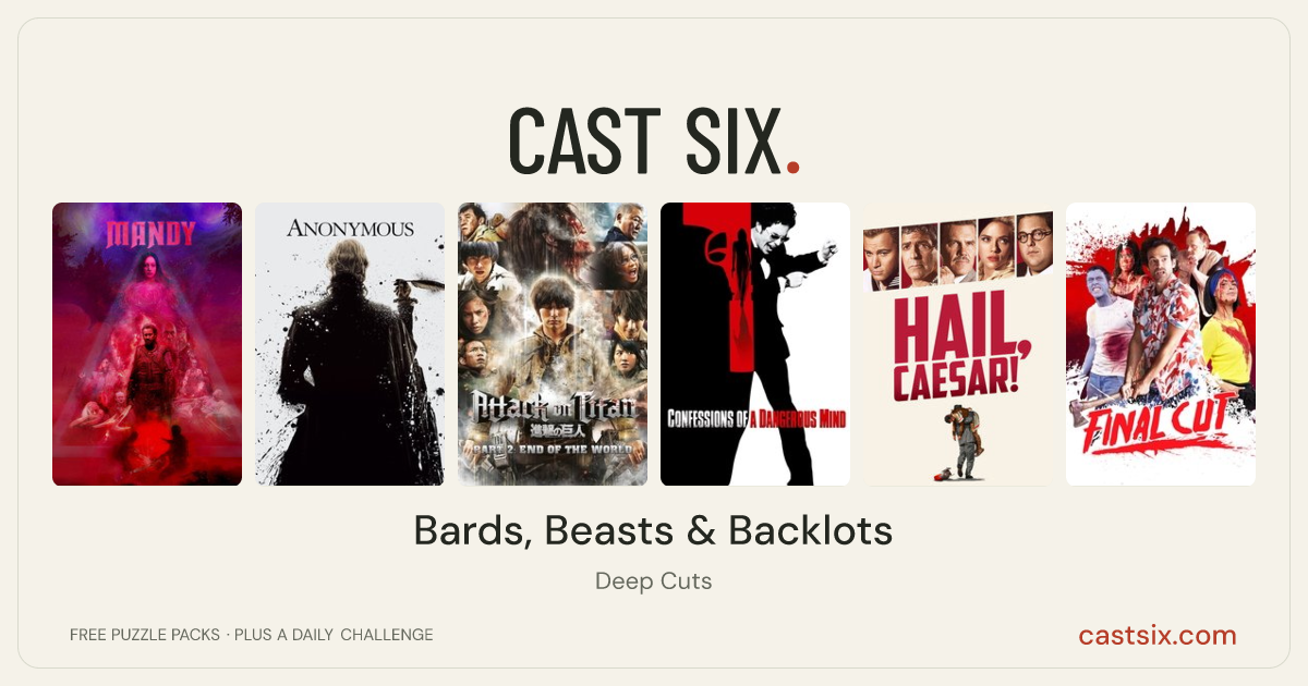 Bards, Beasts & Backlots: a Cast Six movie puzzle. Six movie posters in a row: Mandy, Anonymous, Attack on Titan II: End of the World, Confessions of a Dangerous Mind, Hail, Caesar!, Final Cut. Six movies, six categories, three checks. Free to play at castsix.com.