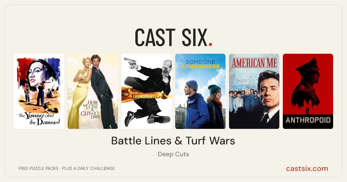 Battle Lines & Turf Wars: a Cast Six movie puzzle. Six movie posters in a row: The Young and the Damned, How to Lose a Guy in 10 Days, The Transporter, Someone, Somewhere, American Me, Anthropoid. Six movies, six categories, three checks. Free to play at castsix.com.