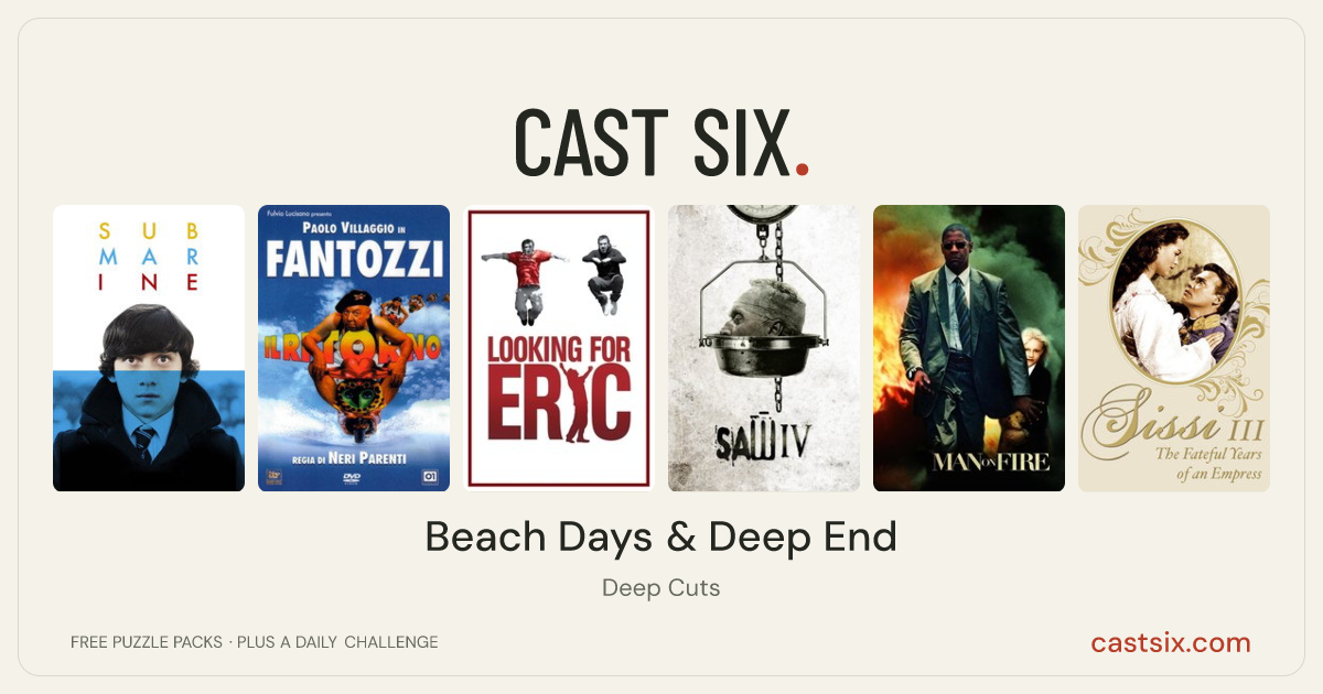 Beach Days & Deep End: a Cast Six movie puzzle. Six movie posters in a row: Submarine, Fantozzi The Return, Looking for Eric, Saw IV, Man on Fire, Sissi: The Fateful Years of an Empress. Six movies, six categories, three checks. Free to play at castsix.com.