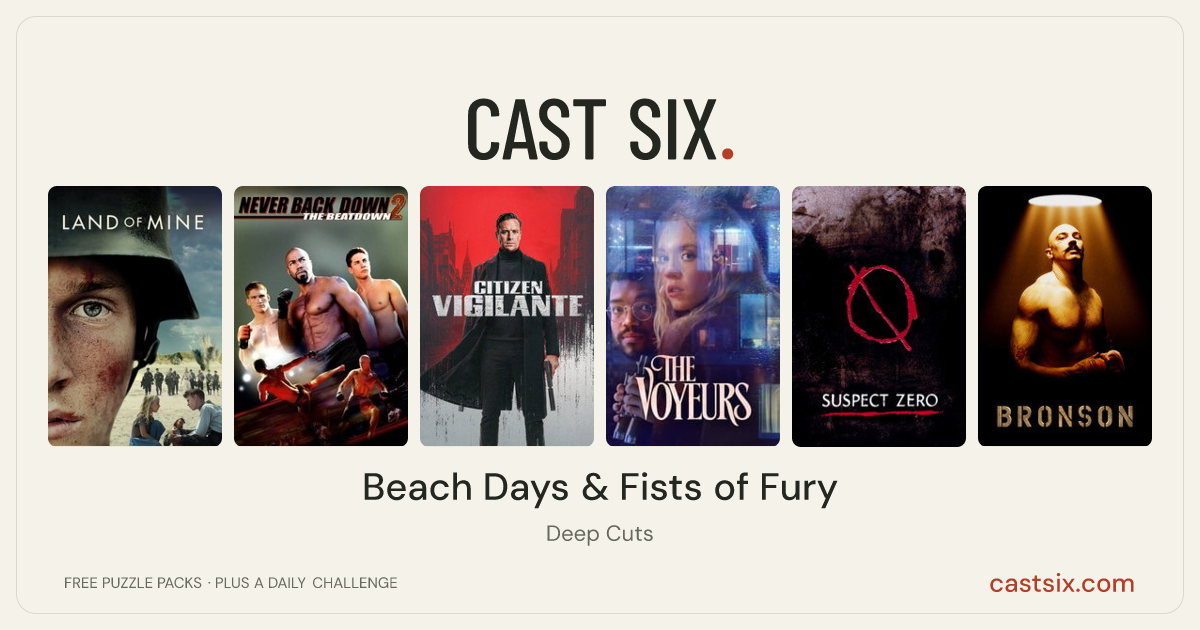 Beach Days & Fists of Fury: a Cast Six movie puzzle. Six movie posters in a row: Land of Mine, Never Back Down 2: The Beatdown, Citizen Vigilante, The Voyeurs, Suspect Zero, Bronson. Six movies, six categories, three checks. Free to play at castsix.com.