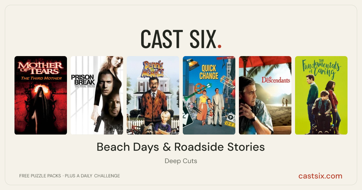 Beach Days & Roadside Stories: a Cast Six movie puzzle. Six movie posters in a row: The Mother of Tears, Prison Break: The Final Break, Dennis the Menace, Quick Change, The Descendants, The Fundamentals of Caring. Six movies, six categories, three checks. Free to play at castsix.com.