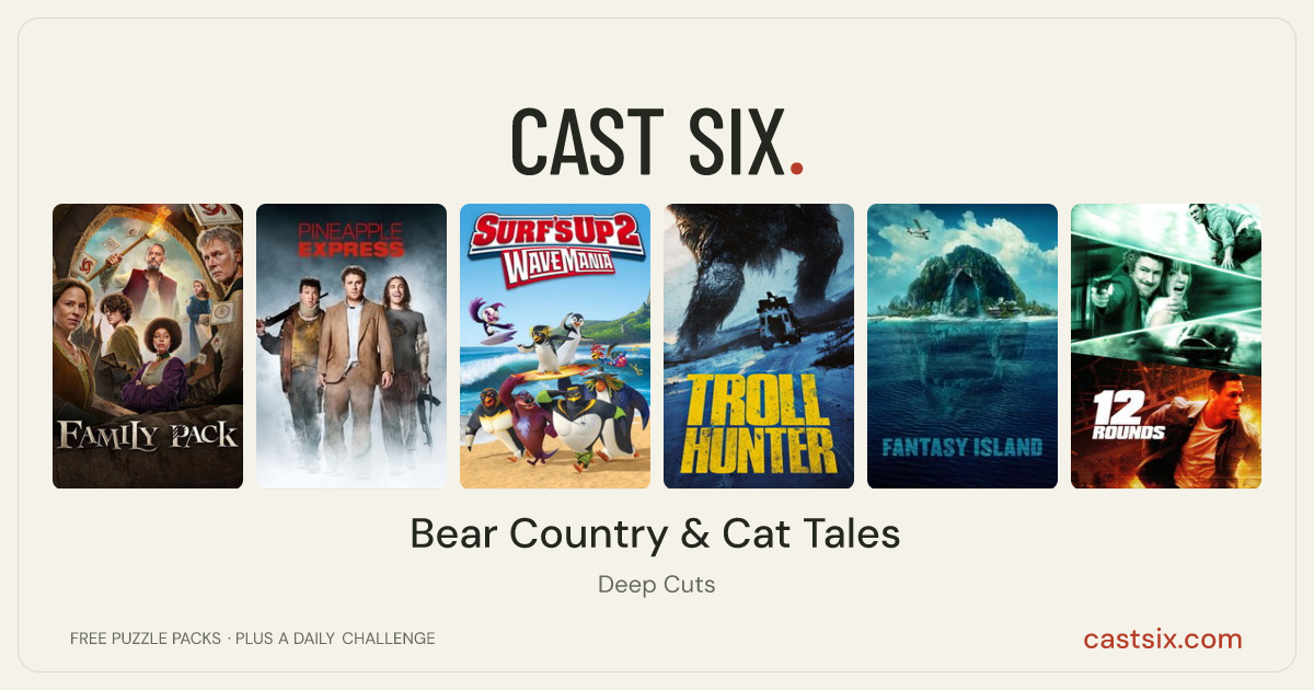 Bear Country & Cat Tales: a Cast Six movie puzzle. Six movie posters in a row: Family Pack, Pineapple Express, Surf's Up 2: WaveMania, Troll Hunter, Fantasy Island, 12 Rounds. Six movies, six categories, three checks. Free to play at castsix.com.