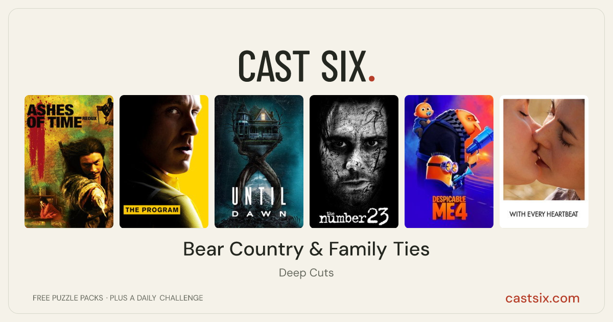 Bear Country & Family Ties: a Cast Six movie puzzle. Six movie posters in a row: Ashes of Time, The Program, Until Dawn, The Number 23, Despicable Me 4, With Every Heartbeat. Six movies, six categories, three checks. Free to play at castsix.com.