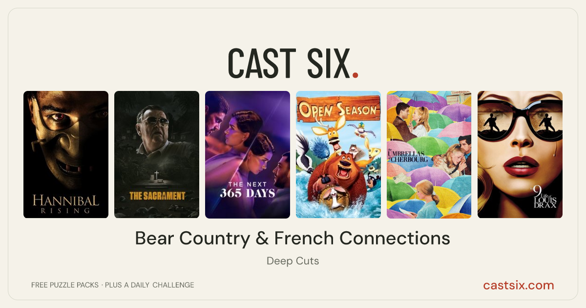 Bear Country & French Connections: a Cast Six movie puzzle. Six movie posters in a row: Hannibal Rising, The Sacrament, The Next 365 Days, Open Season, The Umbrellas of Cherbourg, The 9th Life of Louis Drax. Six movies, six categories, three checks. Free to play at castsix.com.