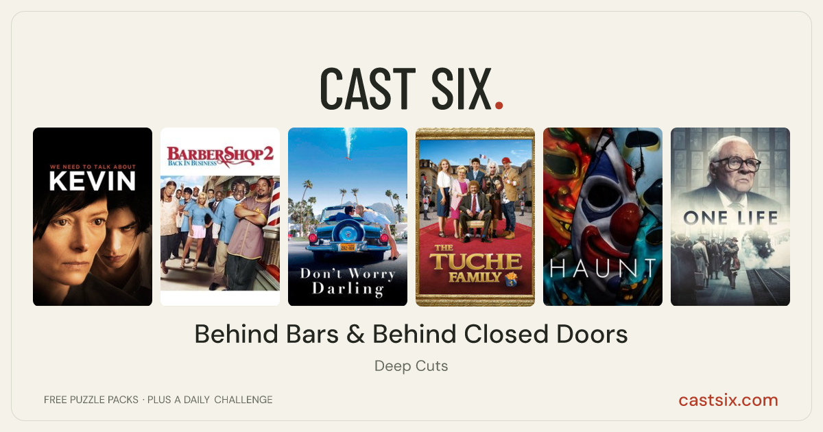 Behind Bars & Behind Closed Doors: a Cast Six movie puzzle. Six movie posters in a row: We Need to Talk About Kevin, Barbershop 2: Back in Business, Don't Worry Darling, The Magic Tuche, Haunt, One Life. Six movies, six categories, three checks. Free to play at castsix.com.