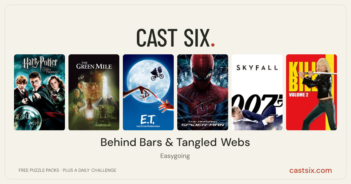 Behind Bars & Tangled Webs: a Cast Six movie puzzle. Six movie posters in a row: Harry Potter and the Order of the Phoenix, The Green Mile, E.T. the Extra-Terrestrial, The Amazing Spider-Man, Skyfall, Kill Bill: Vol. 2. Six movies, six categories, three checks. Free to play at castsix.com.