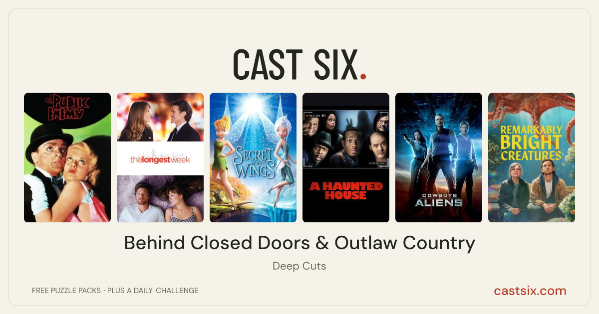 Behind Closed Doors & Outlaw Country: a Cast Six movie puzzle. Six movie posters in a row: The Public Enemy, The Longest Week, Secret of the Wings, A Haunted House, Cowboys & Aliens, Remarkably Bright Creatures. Six movies, six categories, three checks. Free to play at castsix.com.