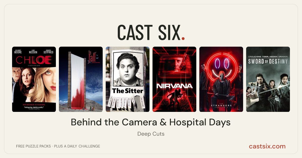 Behind the Camera & Hospital Days: a Cast Six movie puzzle. Six movie posters in a row: Chloe, The Fall, The Sitter, Nirvana, The Strangers: Chapter 2, Crouching Tiger, Hidden Dragon: Sword of Destiny. Six movies, six categories, three checks. Free to play at castsix.com.