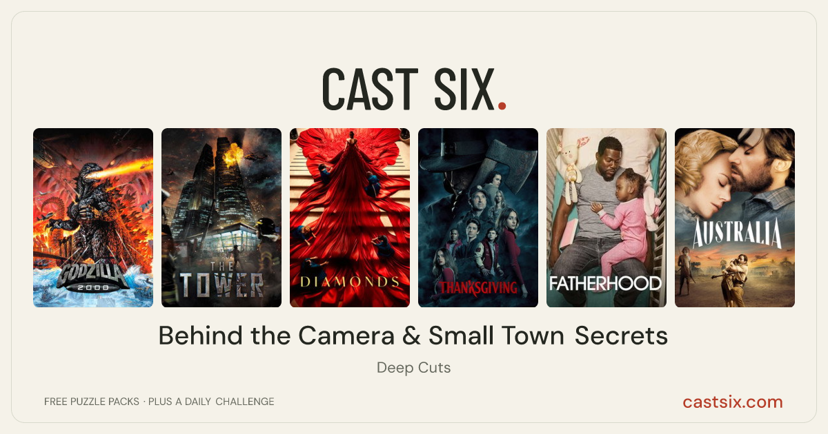 Behind the Camera & Small Town Secrets: a Cast Six movie puzzle. Six movie posters in a row: Godzilla 2000: Millennium, The Tower, Diamonds, Thanksgiving, Fatherhood, Australia. Six movies, six categories, three checks. Free to play at castsix.com.