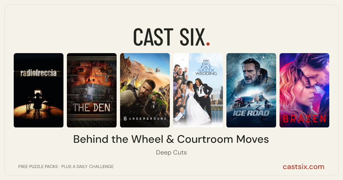 Behind the Wheel & Courtroom Moves: a Cast Six movie puzzle. Six movie posters in a row: Radiofreccia, The Den, 6 Underground, My Big Fat Greek Wedding, The Ice Road, Brazen. Six movies, six categories, three checks. Free to play at castsix.com.