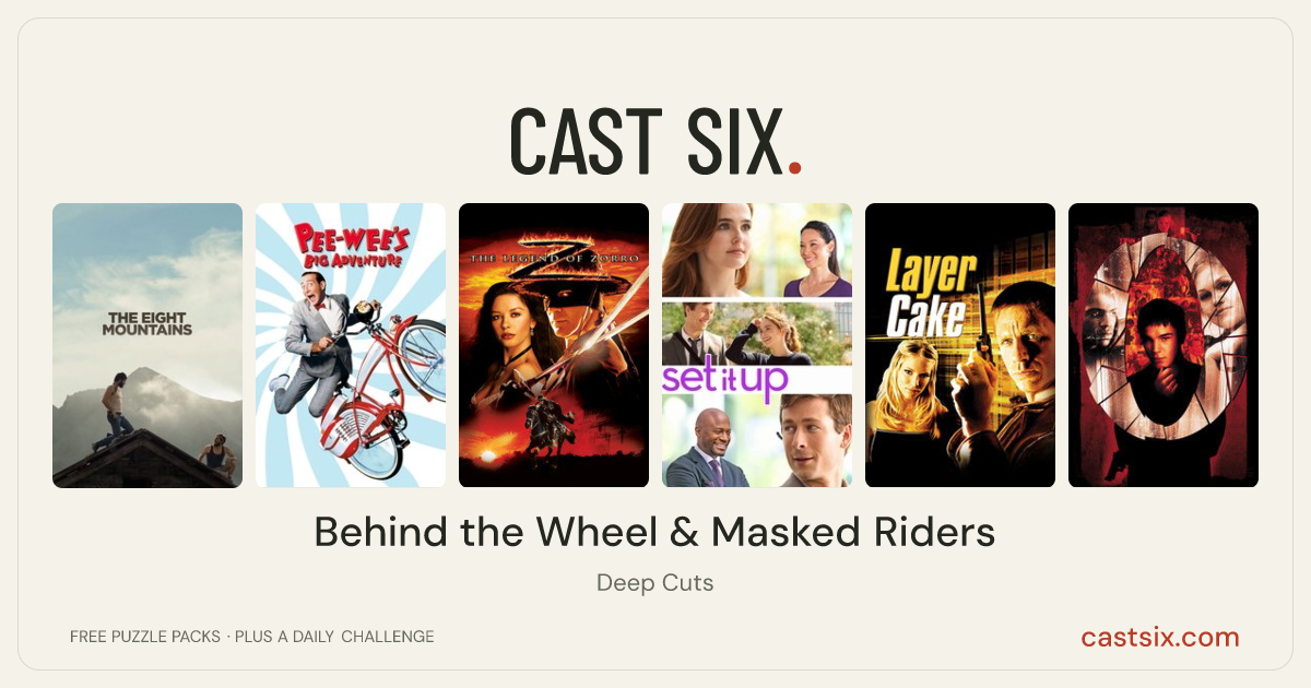 Behind the Wheel & Masked Riders: a Cast Six movie puzzle. Six movie posters in a row: The Eight Mountains, Pee-wee's Big Adventure, The Legend of Zorro, Set It Up, Layer Cake, O. Six movies, six categories, three checks. Free to play at castsix.com.