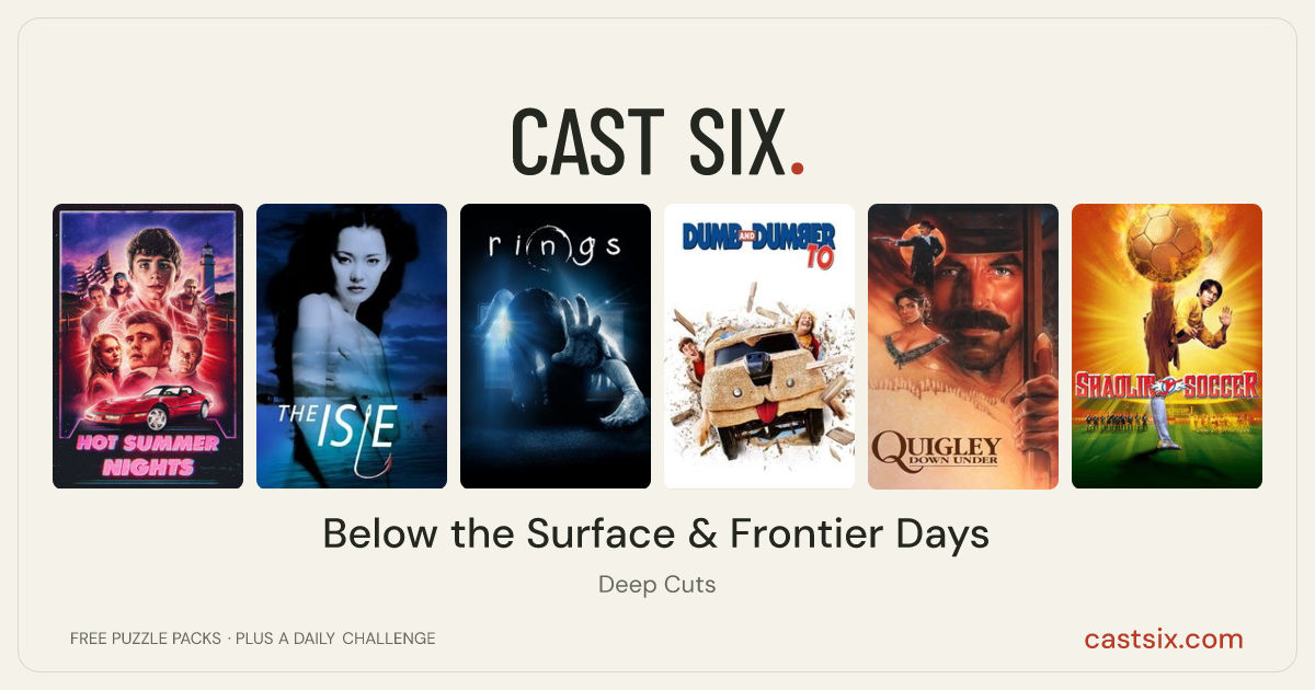 Below the Surface & Frontier Days: a Cast Six movie puzzle. Six movie posters in a row: Hot Summer Nights, The Isle, Rings, Dumb and Dumber To, Quigley Down Under, Shaolin Soccer. Six movies, six categories, three checks. Free to play at castsix.com.