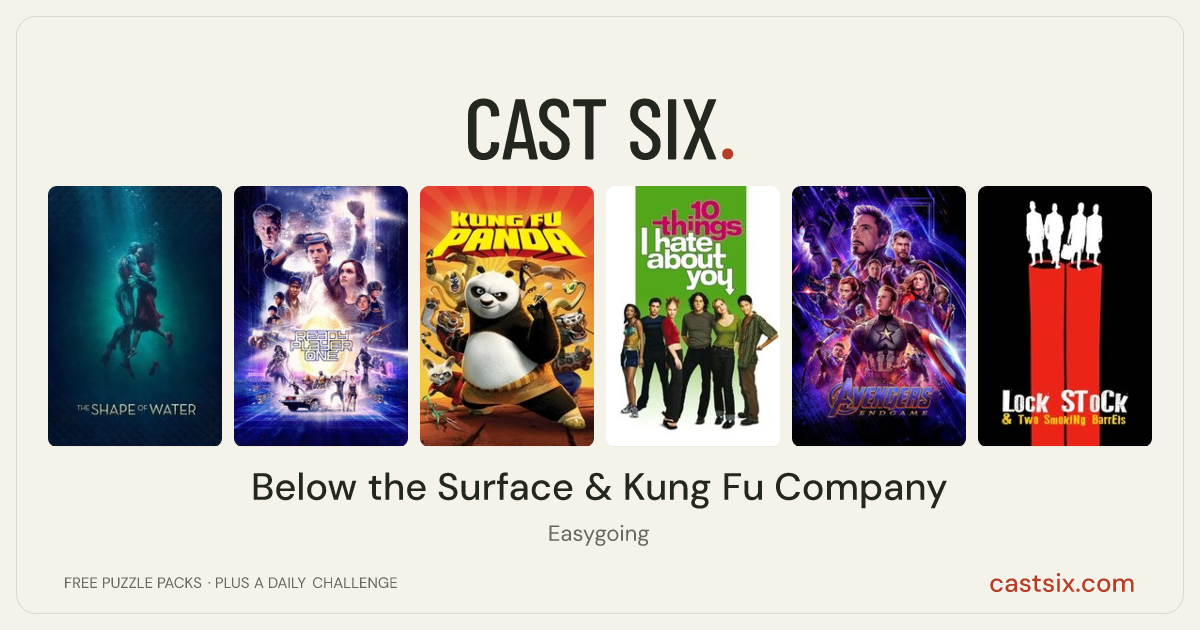 Below the Surface & Kung Fu Company: a Cast Six movie puzzle. Six movie posters in a row: The Shape of Water, Ready Player One, Kung Fu Panda, 10 Things I Hate About You, Avengers: Endgame, Lock, Stock and Two Smoking Barrels. Six movies, six categories, three checks. Free to play at castsix.com.