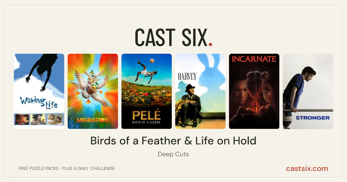 Birds of a Feather & Life on Hold: a Cast Six movie puzzle. Six movie posters in a row: Waking Life, Migration, Pelé: Birth of a Legend, Harvey, Incarnate, Stronger. Six movies, six categories, three checks. Free to play at castsix.com.