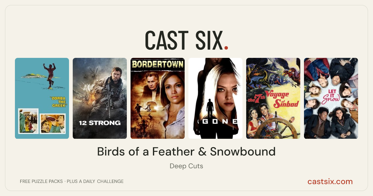 Birds of a Feather & Snowbound: a Cast Six movie puzzle. Six movie posters in a row: Zorba the Greek, 12 Strong, Bordertown, Gone, The 7th Voyage of Sinbad, Let It Snow. Six movies, six categories, three checks. Free to play at castsix.com.