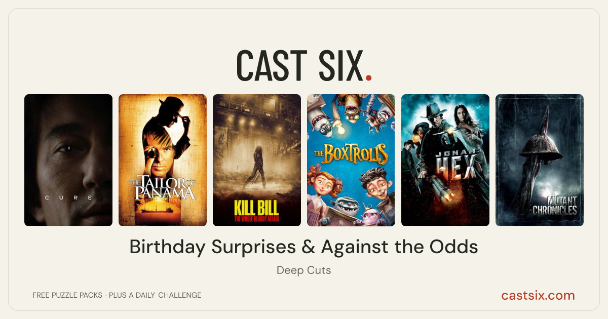 Birthday Surprises & Against the Odds: a Cast Six movie puzzle. Six movie posters in a row: Cure, The Tailor of Panama, Kill Bill: The Whole Bloody Affair, The Boxtrolls, Jonah Hex, Mutant Chronicles. Six movies, six categories, three checks. Free to play at castsix.com.