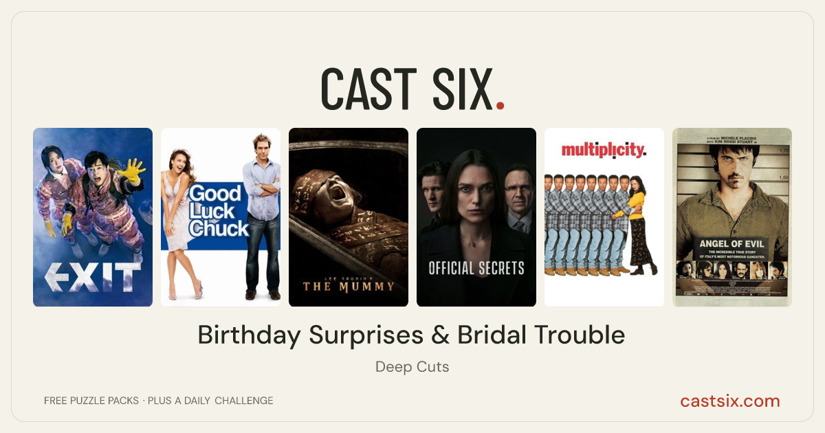 Birthday Surprises & Bridal Trouble: a Cast Six movie puzzle. Six movie posters in a row: EXIT, Good Luck Chuck, Lee Cronin's The Mummy, Official Secrets, Multiplicity, Angel of Evil. Six movies, six categories, three checks. Free to play at castsix.com.
