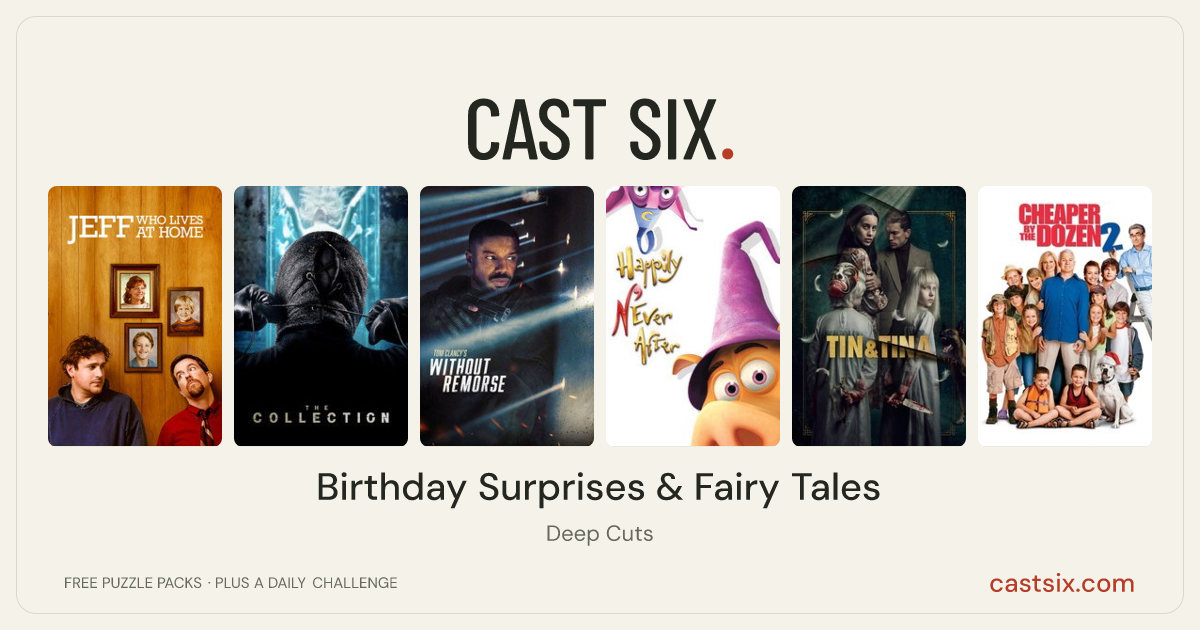 Birthday Surprises & Fairy Tales: a Cast Six movie puzzle. Six movie posters in a row: Jeff, Who Lives at Home, The Collection, Tom Clancy's Without Remorse, Happily N'Ever After, Tin & Tina, Cheaper by the Dozen 2. Six movies, six categories, three checks. Free to play at castsix.com.