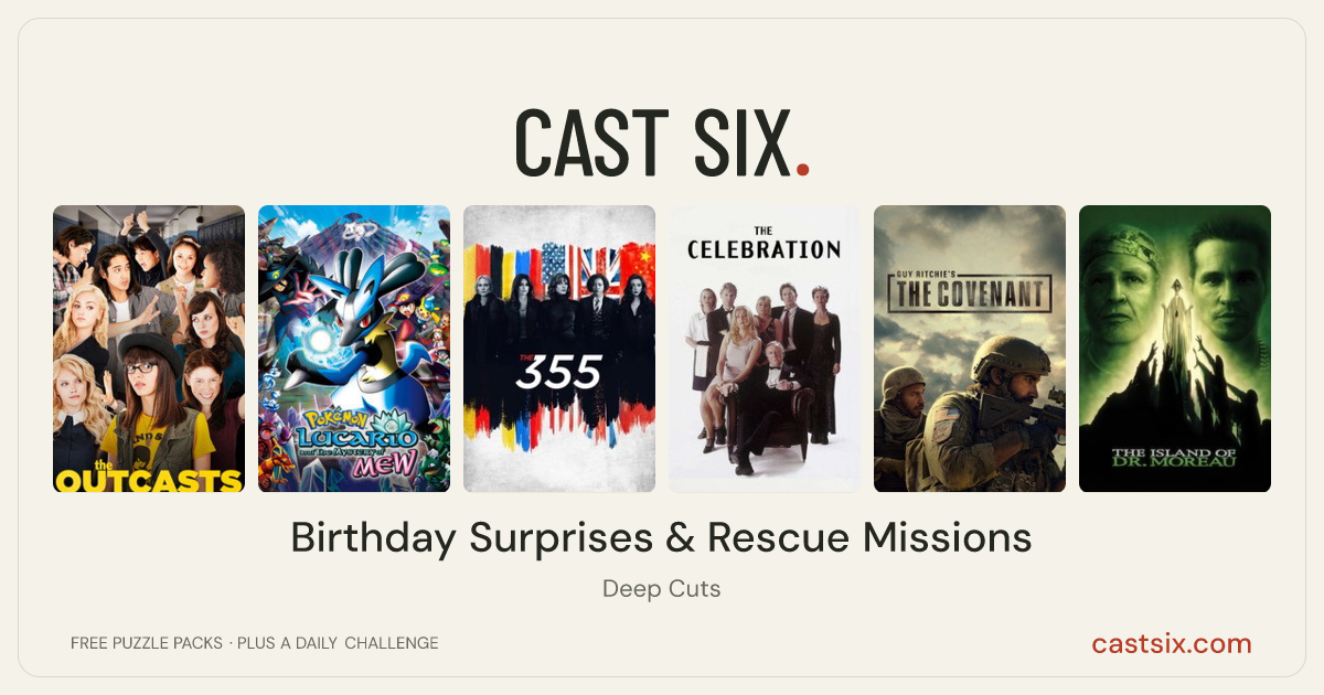 Birthday Surprises & Rescue Missions: a Cast Six movie puzzle. Six movie posters in a row: The Outcasts, Pokémon: Lucario and the Mystery of Mew, The 355, The Celebration, Guy Ritchie's The Covenant, The Island of Dr. Moreau. Six movies, six categories, three checks. Free to play at castsix.com.