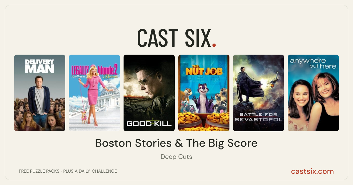 Boston Stories & The Big Score: a Cast Six movie puzzle. Six movie posters in a row: Delivery Man, Legally Blonde 2: Red, White & Blonde, Good Kill, The Nut Job, Battle for Sevastopol, Anywhere but Here. Six movies, six categories, three checks. Free to play at castsix.com.