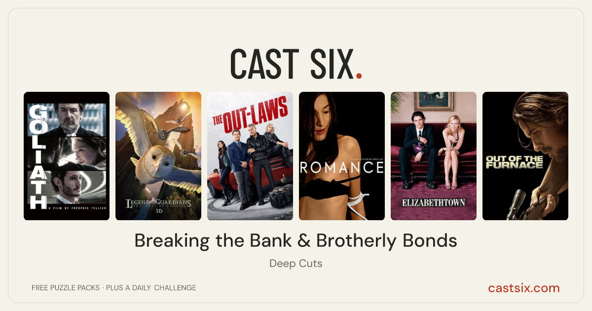 Breaking the Bank & Brotherly Bonds: a Cast Six movie puzzle. Six movie posters in a row: Goliath, Legend of the Guardians: The Owls of Ga'Hoole, The Out-Laws, Romance, Elizabethtown, Out of the Furnace. Six movies, six categories, three checks. Free to play at castsix.com.