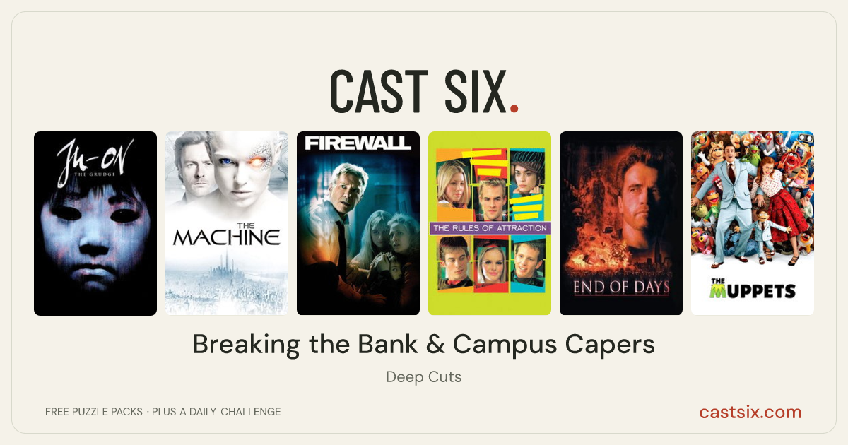 Breaking the Bank & Campus Capers: a Cast Six movie puzzle. Six movie posters in a row: Ju-on: The Grudge, The Machine, Firewall, The Rules of Attraction, End of Days, The Muppets. Six movies, six categories, three checks. Free to play at castsix.com.
