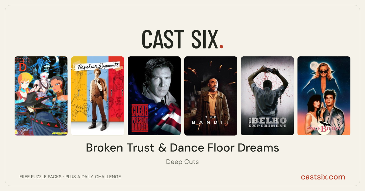 Broken Trust & Dance Floor Dreams: a Cast Six movie puzzle. Six movie posters in a row: Vampire Hunter D, Napoleon Dynamite, Clear and Present Danger, The Bandit, The Belko Experiment, Once Bitten. Six movies, six categories, three checks. Free to play at castsix.com.
