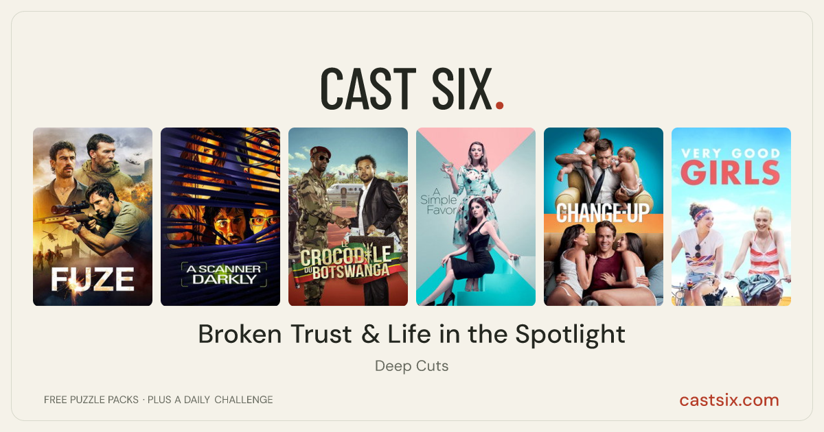 Broken Trust & Life in the Spotlight: a Cast Six movie puzzle. Six movie posters in a row: Fuze, A Scanner Darkly, Le Crocodile du Botswanga, A Simple Favor, The Change-Up, Very Good Girls. Six movies, six categories, three checks. Free to play at castsix.com.