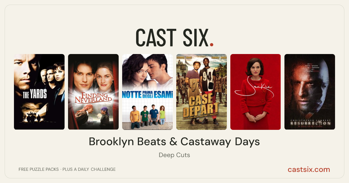 Brooklyn Beats & Castaway Days: a Cast Six movie puzzle. Six movie posters in a row: The Yards, Finding Neverland, The Night Before the Exams, Case départ, Jackie, Resurrection. Six movies, six categories, three checks. Free to play at castsix.com.