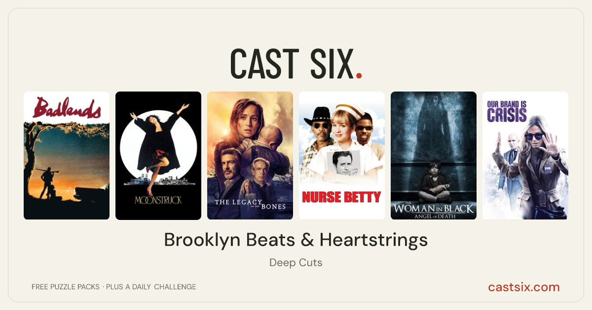 Brooklyn Beats & Heartstrings: a Cast Six movie puzzle. Six movie posters in a row: Badlands, Moonstruck, The Legacy of the Bones, Nurse Betty, The Woman in Black 2: Angel of Death, Our Brand Is Crisis. Six movies, six categories, three checks. Free to play at castsix.com.