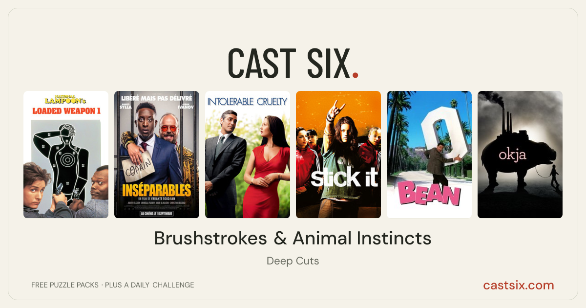 Brushstrokes & Animal Instincts: a Cast Six movie puzzle. Six movie posters in a row: National Lampoon's Loaded Weapon 1, A Very Bad Friend, Intolerable Cruelty, Stick It, Bean, Okja. Six movies, six categories, three checks. Free to play at castsix.com.