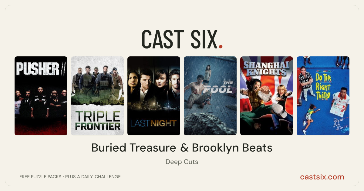 Buried Treasure & Brooklyn Beats: a Cast Six movie puzzle. Six movie posters in a row: Pusher II, Triple Frontier, Last Night, The Pool, Shanghai Knights, Do the Right Thing. Six movies, six categories, three checks. Free to play at castsix.com.