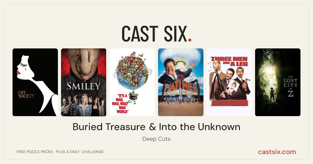 Buried Treasure & Into the Unknown: a Cast Six movie puzzle. Six movie posters in a row: Café Society, Smiley, It's a Mad, Mad, Mad, Mad World, Matinee, Three Men and a Leg, The Lost City of Z. Six movies, six categories, three checks. Free to play at castsix.com.