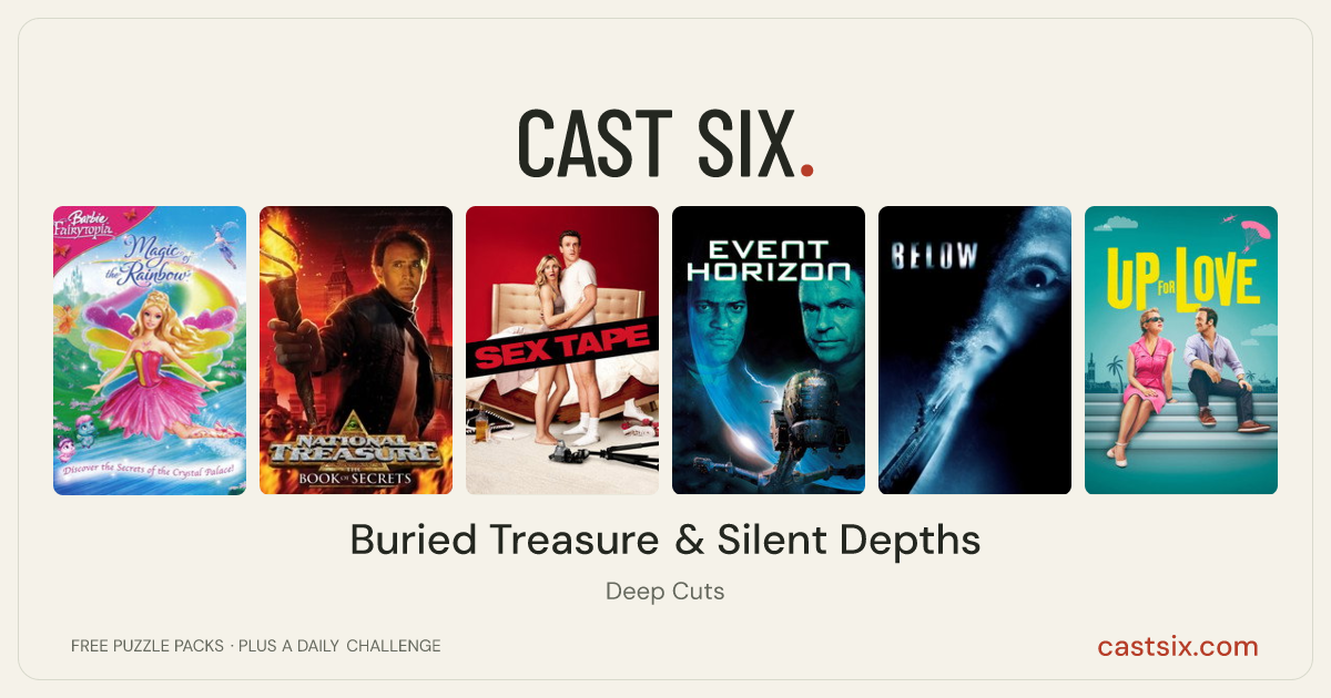Buried Treasure & Silent Depths: a Cast Six movie puzzle. Six movie posters in a row: Barbie Fairytopia: Magic of the Rainbow, National Treasure: Book of Secrets, Sex Tape, Event Horizon, Below, Up for Love. Six movies, six categories, three checks. Free to play at castsix.com.