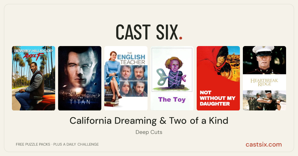 California Dreaming & Two of a Kind: a Cast Six movie puzzle. Six movie posters in a row: Beverly Hills Cop: Axel F, The Titan, The English Teacher, The Toy, Not Without My Daughter, Heartbreak Ridge. Six movies, six categories, three checks. Free to play at castsix.com.