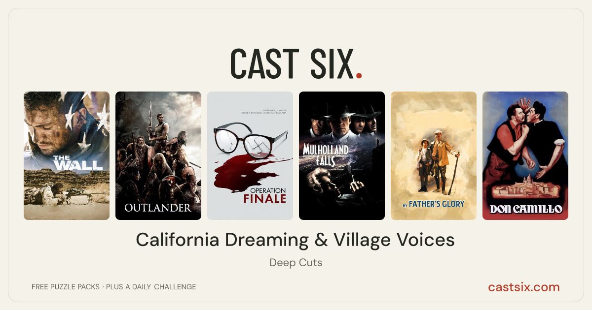 California Dreaming & Village Voices: a Cast Six movie puzzle. Six movie posters in a row: The Wall, Outlander, Operation Finale, Mulholland Falls, My Father's Glory, The Little World of Don Camillo. Six movies, six categories, three checks. Free to play at castsix.com.