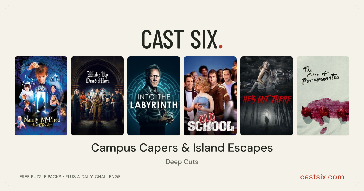 Campus Capers & Island Escapes: a Cast Six movie puzzle. Six movie posters in a row: Nanny McPhee, Wake Up Dead Man: A Knives Out Mystery, Into the Labyrinth, Old School, He's Out There, The Color of Pomegranates. Six movies, six categories, three checks. Free to play at castsix.com.