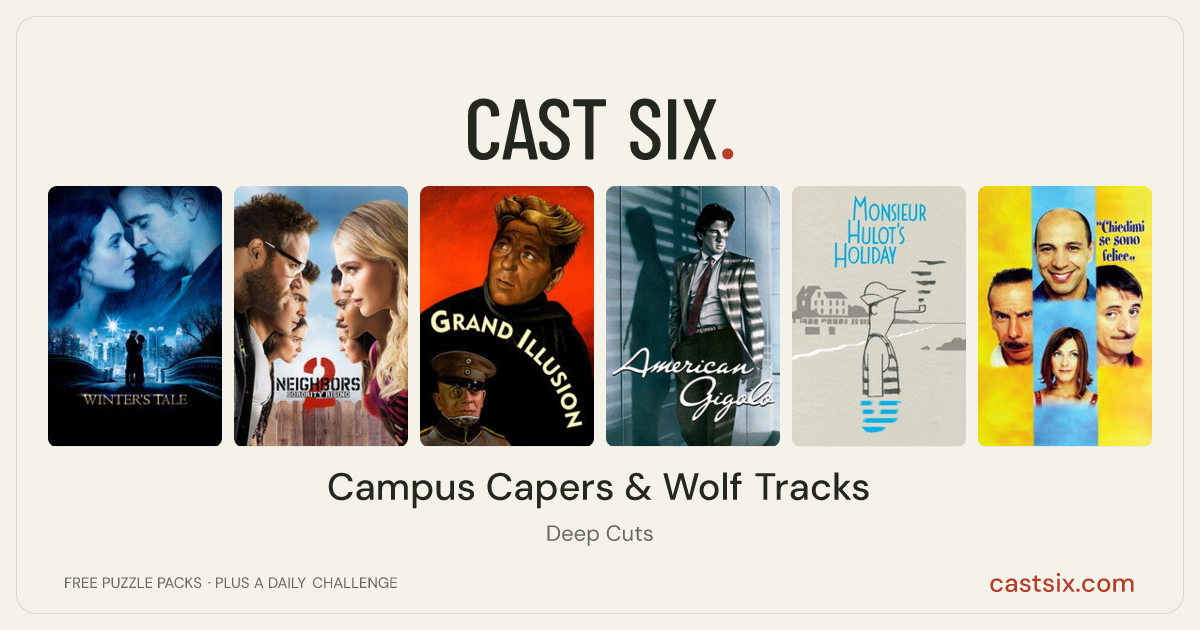 Campus Capers & Wolf Tracks: a Cast Six movie puzzle. Six movie posters in a row: Winter's Tale, Neighbors 2: Sorority Rising, Grand Illusion, American Gigolo, Monsieur Hulot's Holiday, Ask Me If I'm Happy. Six movies, six categories, three checks. Free to play at castsix.com.