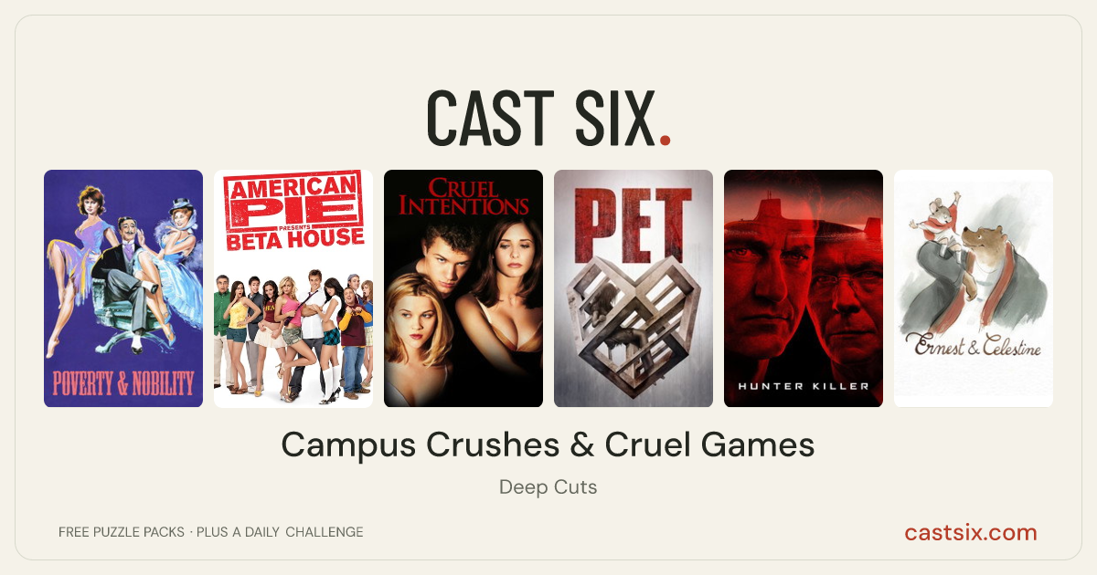 Campus Crushes & Cruel Games: a Cast Six movie puzzle. Six movie posters in a row: Poverty and Nobility, American Pie Presents: Beta House, Cruel Intentions, Pet, Hunter Killer, Ernest & Celestine. Six movies, six categories, three checks. Free to play at castsix.com.