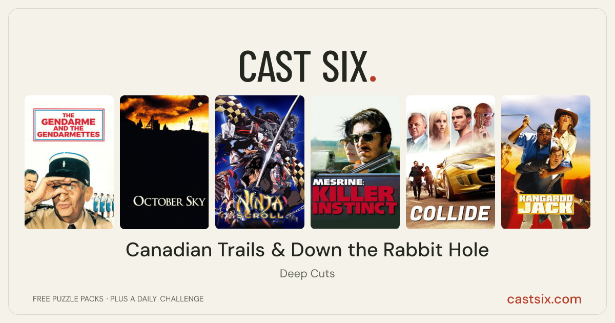 Canadian Trails & Down the Rabbit Hole: a Cast Six movie puzzle. Six movie posters in a row: The Gendarme and the Gendarmettes, October Sky, Ninja Scroll, Mesrine: Killer Instinct, Collide, Kangaroo Jack. Six movies, six categories, three checks. Free to play at castsix.com.
