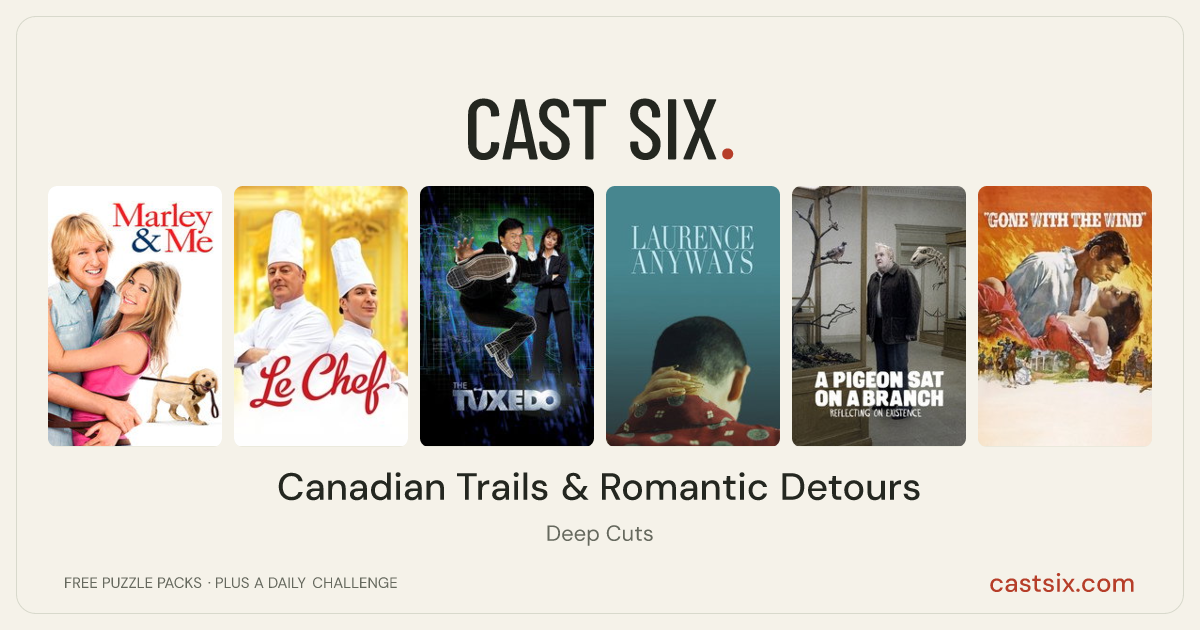 Canadian Trails & Romantic Detours: a Cast Six movie puzzle. Six movie posters in a row: Marley & Me, Le Chef, The Tuxedo, Laurence Anyways, A Pigeon Sat on a Branch Reflecting on Existence, Gone with the Wind. Six movies, six categories, three checks. Free to play at castsix.com.