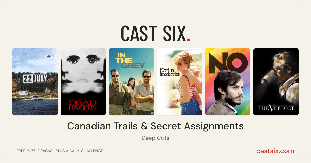 Canadian Trails & Secret Assignments: a Cast Six movie puzzle. Six movie posters in a row: 22 July, Dead Ringers, In the Grey, Erin Brockovich, No, The Verdict. Six movies, six categories, three checks. Free to play at castsix.com.