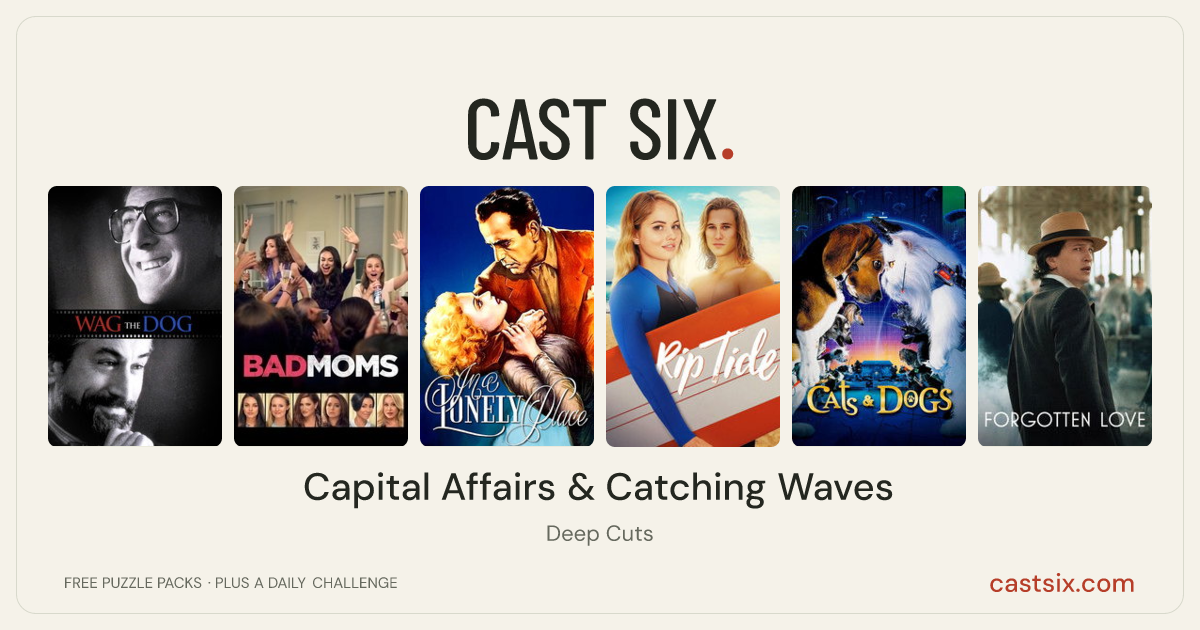 Capital Affairs & Catching Waves: a Cast Six movie puzzle. Six movie posters in a row: Wag the Dog, Bad Moms, In a Lonely Place, Rip Tide, Cats & Dogs, Forgotten Love. Six movies, six categories, three checks. Free to play at castsix.com.