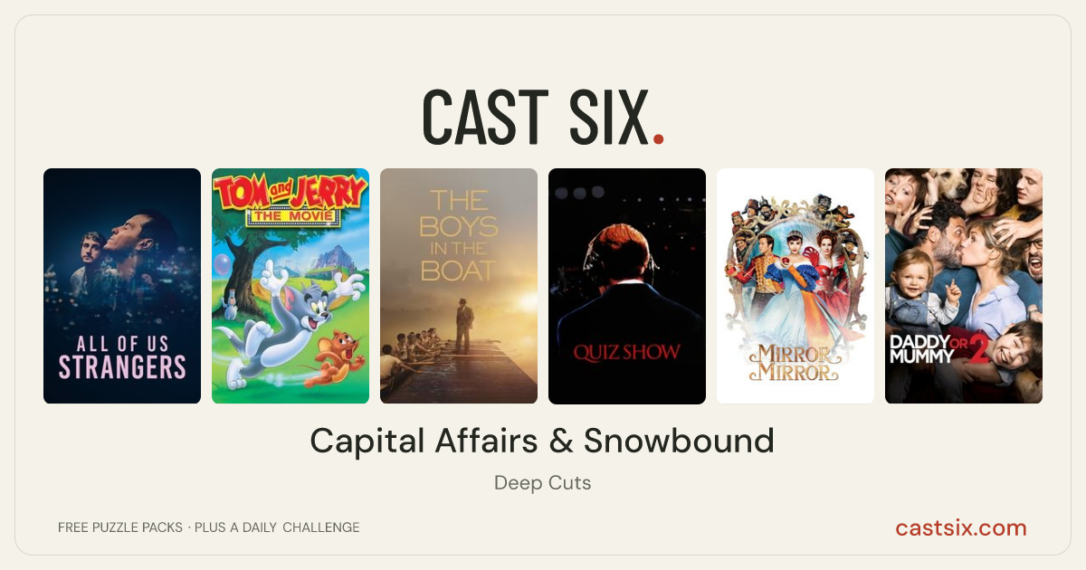 Capital Affairs & Snowbound: a Cast Six movie puzzle. Six movie posters in a row: All of Us Strangers, Tom and Jerry: The Movie, The Boys in the Boat, Quiz Show, Mirror Mirror, Divorce French Style. Six movies, six categories, three checks. Free to play at castsix.com.