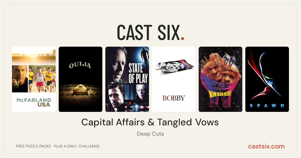Capital Affairs & Tangled Vows: a Cast Six movie puzzle. Six movie posters in a row: McFarland, USA, Ouija, State of Play, Bobby, Kin-dza-dza!, Spawn. Six movies, six categories, three checks. Free to play at castsix.com.