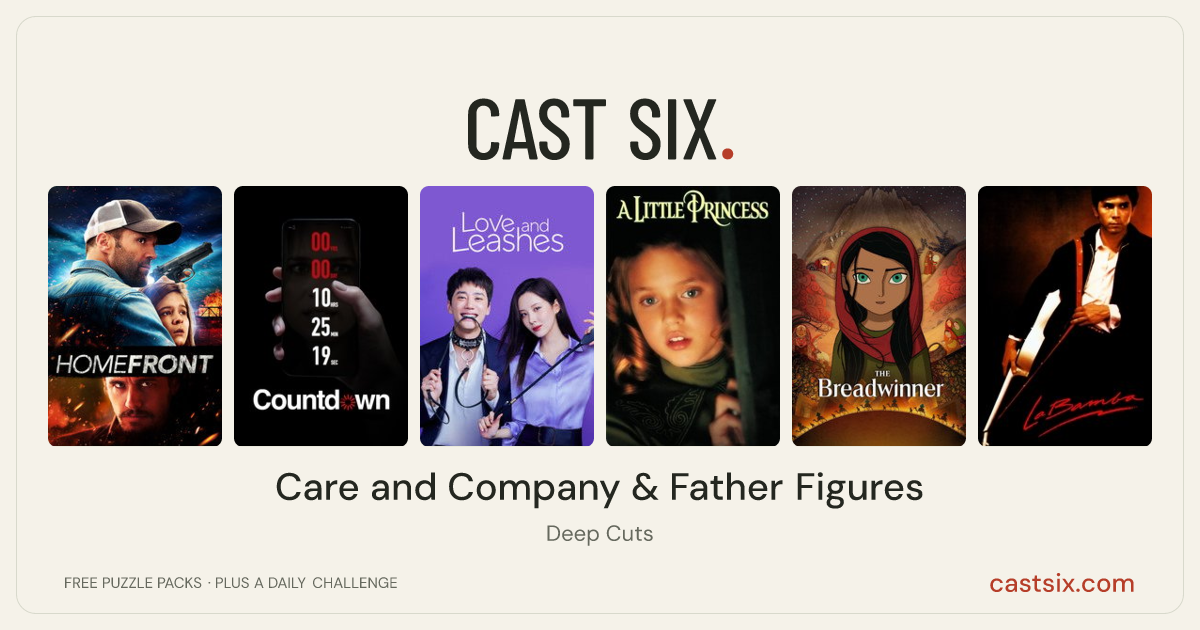 Care and Company & Father Figures: a Cast Six movie puzzle. Six movie posters in a row: Homefront, Countdown, Love and Leashes, A Little Princess, The Breadwinner, La Bamba. Six movies, six categories, three checks. Free to play at castsix.com.