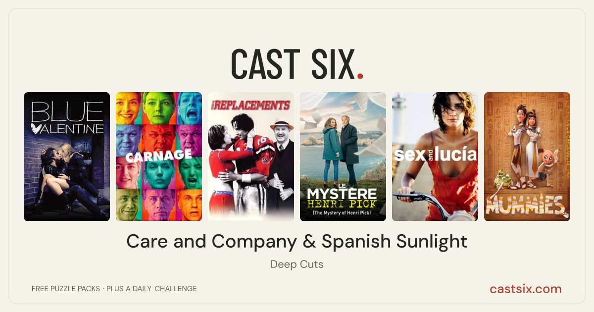 Care and Company & Spanish Sunlight: a Cast Six movie puzzle. Six movie posters in a row: Blue Valentine, Carnage, The Replacements, The Mystery of Henri Pick, Sex and Lucía, Mummies. Six movies, six categories, three checks. Free to play at castsix.com.