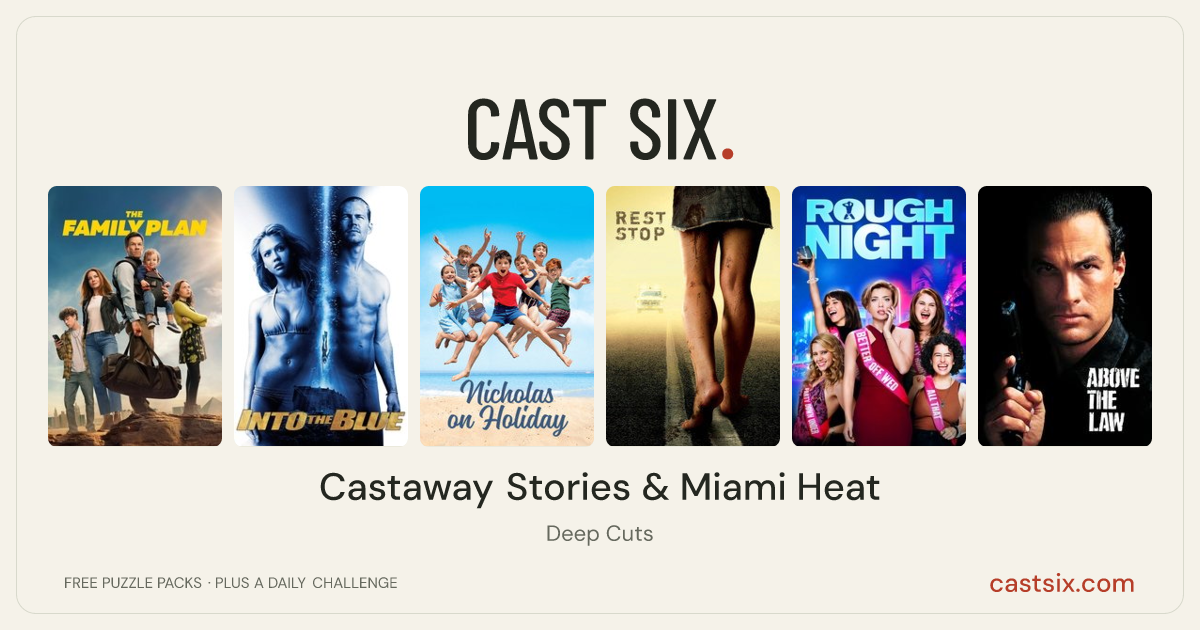 Castaway Stories & Miami Heat: a Cast Six movie puzzle. Six movie posters in a row: The Family Plan, Into the Blue, Nicholas on Holiday, Rest Stop, Rough Night, Above the Law. Six movies, six categories, three checks. Free to play at castsix.com.